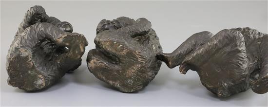 A set of Japanese bronze okimono of the three wise monkeys, Meiji period, H. 15.5cm - 17cm (3), only Mizaru signed